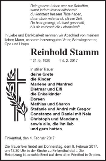 Traueranzeige von Reinhold Stamm von Mecklenburger Schweiz