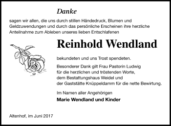 Traueranzeige von Reinhold Wendland von Müritz-Zeitung