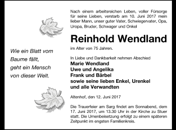 Traueranzeige von Reinhold Wendland von Müritz-Zeitung