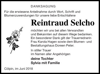 Traueranzeige von Reintraud Selcho von Neubrandenburger Zeitung