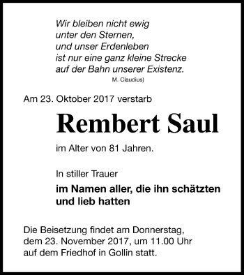 Traueranzeige von Rembert Saul von Templiner Zeitung