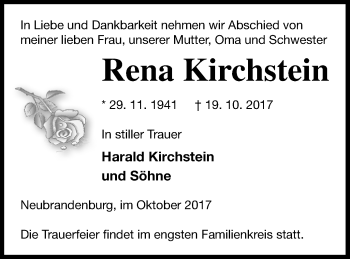 Traueranzeige von Rena Kirchstein von Neubrandenburger Zeitung