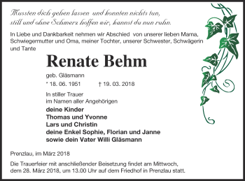 Traueranzeige von Renate Behm von Prenzlauer Zeitung