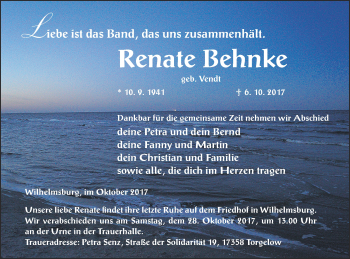 Traueranzeige von Renate Behnke von Haff-Zeitung