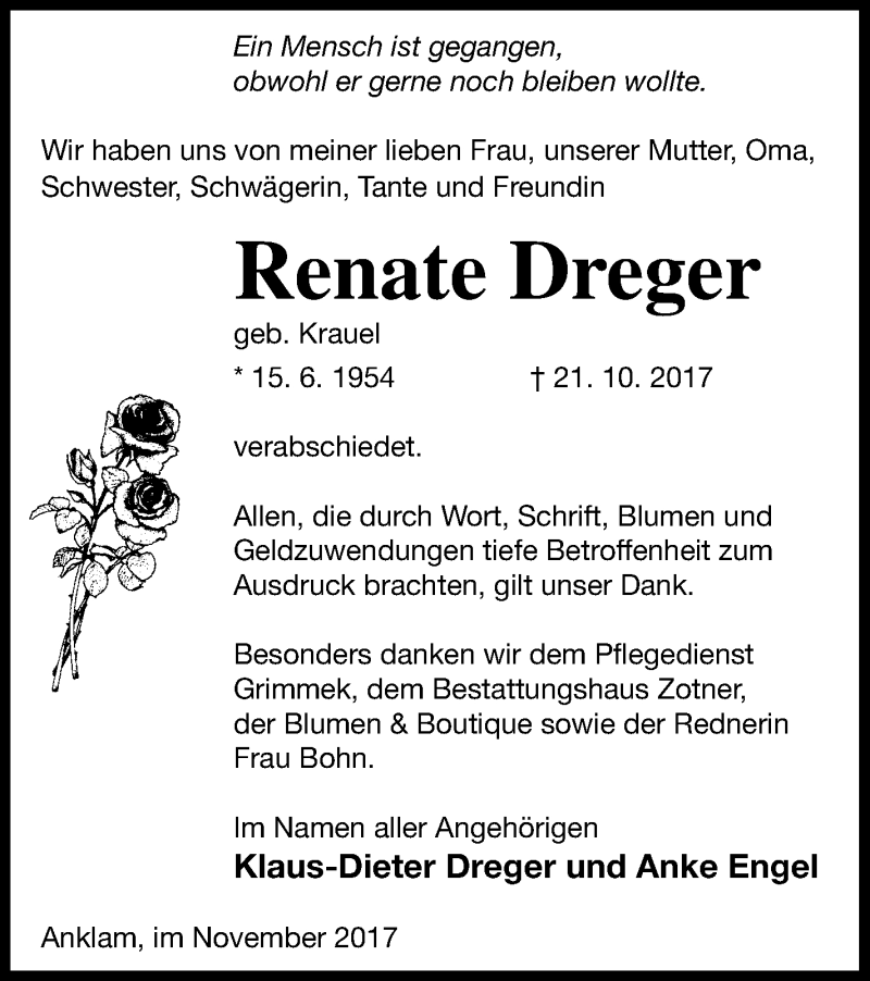  Traueranzeige für Renate Dreger vom 18.11.2017 aus Vorpommern Kurier