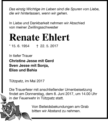 Traueranzeige von Renate Ehlert von Neubrandenburger Zeitung