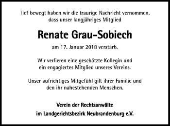 Traueranzeige von Renate Grau-Sobiech von Neubrandenburger Zeitung