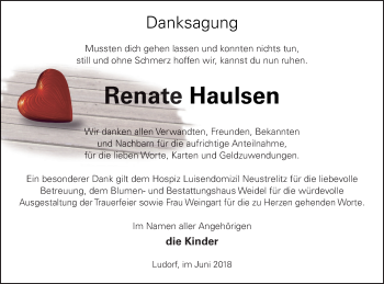 Traueranzeige von Renate Haulsen von Müritz-Zeitung