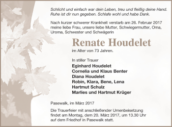 Traueranzeige von Renate Houdelet von Pasewalker Zeitung