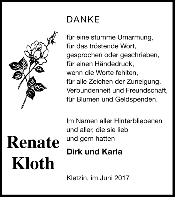 Traueranzeige von Renate Kloth von Vorpommern Kurier