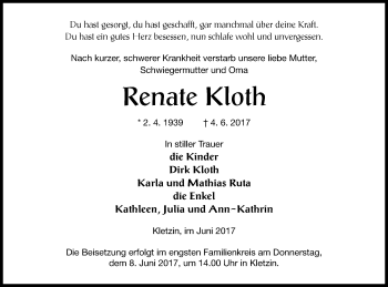 Traueranzeige von Renate Kloth von Vorpommern Kurier