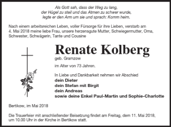 Traueranzeige von Renate Kolberg von Prenzlauer Zeitung