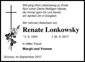 Traueranzeige von Renate Lonkowsky von Strelitzer Zeitung