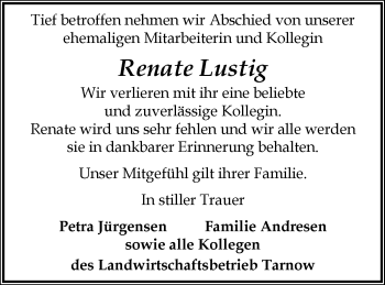 Traueranzeige von Renate Lustig von Neubrandenburger Zeitung