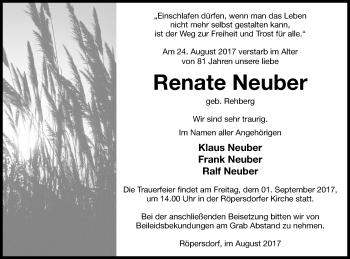 Traueranzeige von Renate Neuber von Prenzlauer Zeitung