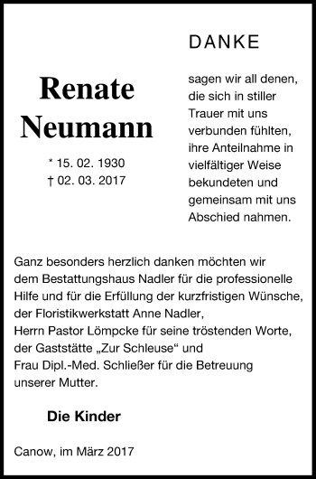 Traueranzeige von Renate Neumann von Strelitzer Zeitung