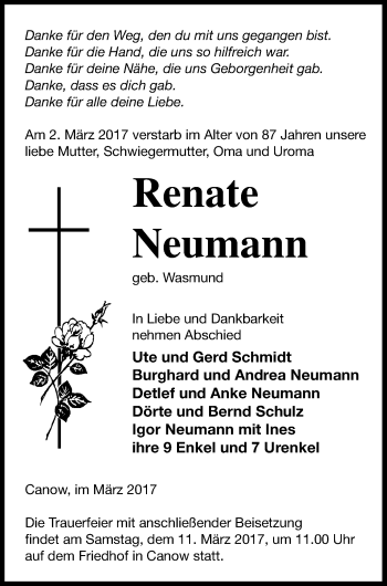 Traueranzeige von Renate Neumann von Strelitzer Zeitung