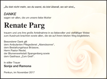 Traueranzeige von Renate Parg von Pasewalker Zeitung