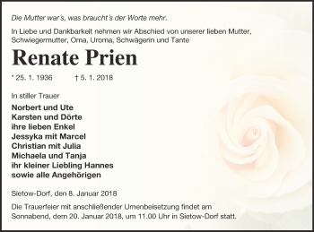 Traueranzeige von Renate Prien von Müritz-Zeitung