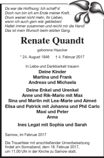 Traueranzeige von Renate Quandt von Vorpommern Kurier