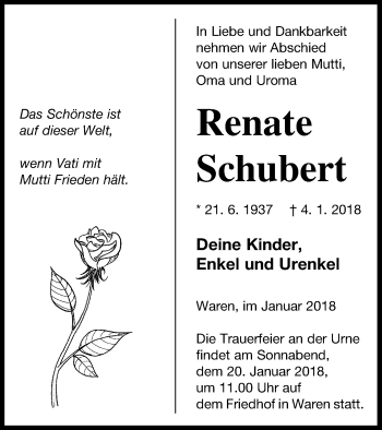Traueranzeige von Renate Schubert von Müritz-Zeitung
