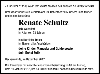Traueranzeige von Renate Schultz von Haff-Zeitung