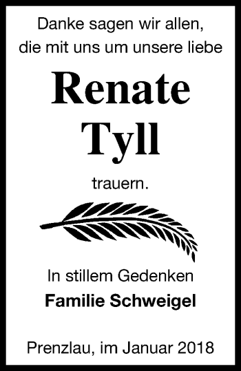 Traueranzeige von Renate Tyll von Prenzlauer Zeitung