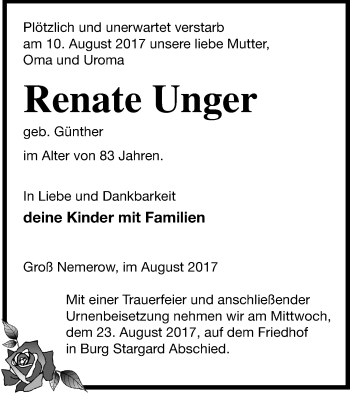 Traueranzeige von Renate Unger von Neubrandenburger Zeitung