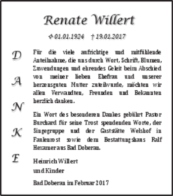 Traueranzeige von Renate Willert von Mecklenburger Schweiz