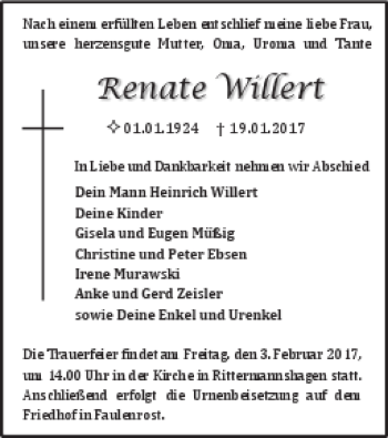 Traueranzeige von Renate Willert von Mecklenburger Schweiz