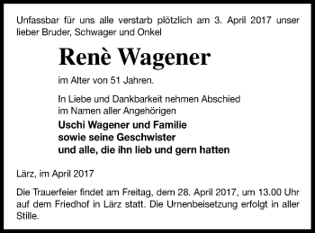 Traueranzeige von Renè Wagener von Strelitzer Zeitung