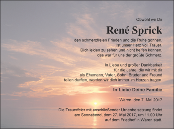 Traueranzeige von René Sprick von Müritz-Zeitung