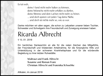 Traueranzeige von Ricarda Albrecht von Mecklenburger Schweiz