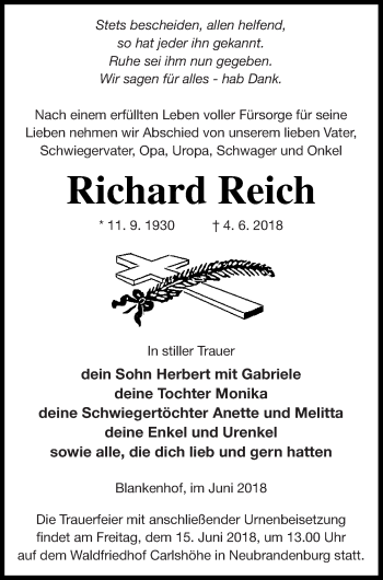 Traueranzeige von Richard Reich von Neubrandenburger Zeitung