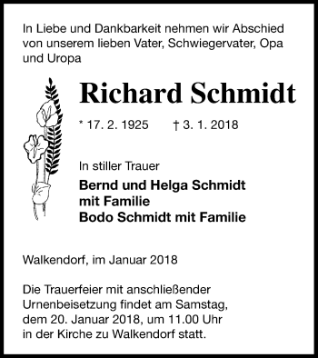 Traueranzeige von Richard Schmidt von Mecklenburger Schweiz