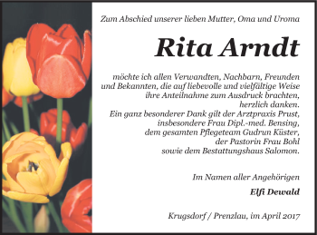 Traueranzeige von Rita Arndt von Pasewalker Zeitung