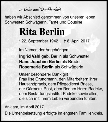 Traueranzeige von Rita Berlin von Vorpommern Kurier