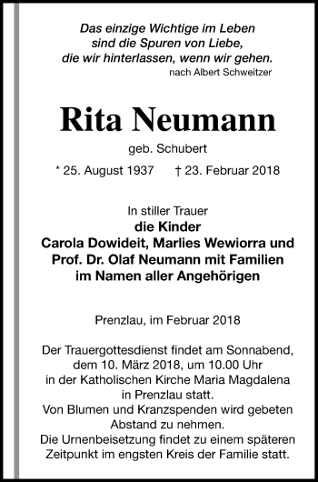 Traueranzeige von Rita Neumann von Prenzlauer Zeitung