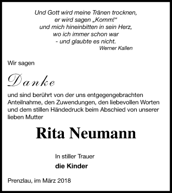 Traueranzeige von Rita Neumann von Prenzlauer Zeitung