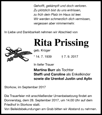 Traueranzeige von Rita Prissing von Pasewalker Zeitung