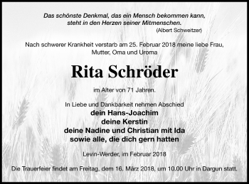 Traueranzeige von Rita Schröder von Mecklenburger Schweiz