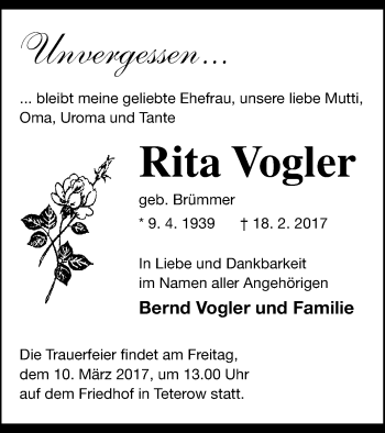 Traueranzeige von Rita Vogler von Mecklenburger Schweiz