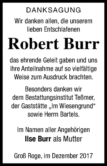 Traueranzeige von Robert Burr von Mecklenburger Schweiz