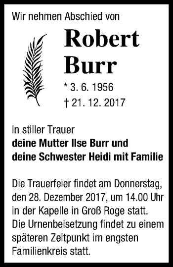 Traueranzeige von Robert Burr von Mecklenburger Schweiz