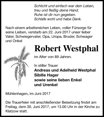 Traueranzeige von Robert Westphal von Neubrandenburger Zeitung