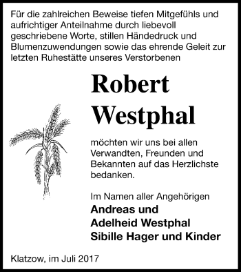 Traueranzeige von Robert Westphal von Neubrandenburger Zeitung