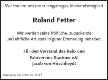 Traueranzeige von Roland Fetter von Pasewalker Zeitung