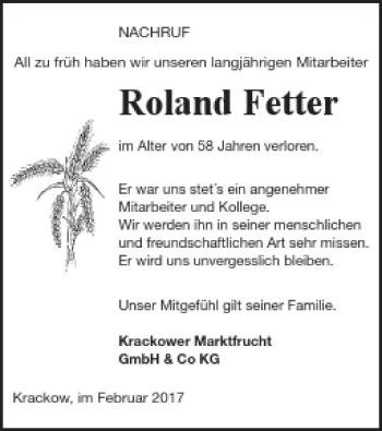 Traueranzeige von Roland Fetter von Pasewalker Zeitung