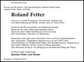 Traueranzeige von Roland Fetter von Pasewalker Zeitung