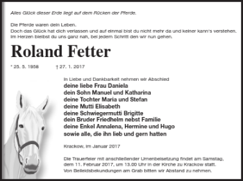 Traueranzeige von Roland Fetter von Pasewalker Zeitung